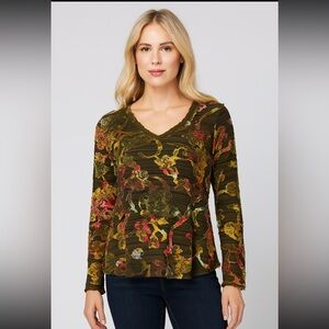SNO SKINS Olive Multi Floral V-Neck Long Sleeve Top